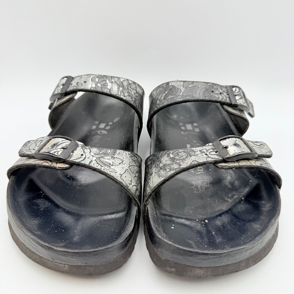 Papillio Birkenstock Silvia Dias Silver Rose Embossed Black Slide Sandals 40 L9